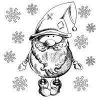 ein handgezeichneter gnome für neues jahr oder weihnachten mit schneeflocken. der skandinavische Gnom. Vintage-Vektor-Illustration. vektor