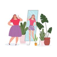 Frauenspiegel übergroße Dame, die vor dem Spiegel steht, sieht Fitness glückliches Mädchen vektor
