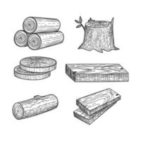 Holzstämme Vintage gezeichnetes Bauholz gestapelt Eichenholz alte Pflanzen, die Vektorskizzensatz hacken