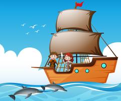 Vikingar på skepp och delfiner i havet vektor