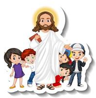 Jesus Christus mit Kindergruppenaufkleber auf weißem Hintergrund vektor