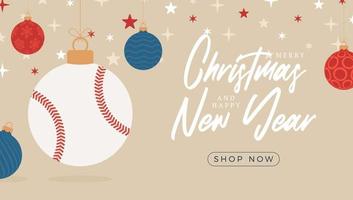 Baseball-Weihnachtsgrußkarte. Frohe Weihnachten und ein glückliches neues Jahr flaches Cartoon-Sport-Banner. Baseballball als Weihnachtsball im Hintergrund. Vektor-Illustration. vektor