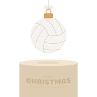 Volleyball-Weihnachtskugelsockel. frohe weihnachten sportgrußkarte. Hängen Sie an einem Faden-Volleyballball als Weihnachtsball auf goldenem Podium auf weißem Hintergrund. Sport-Vektor-Illustration. vektor