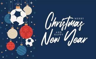 Fußball-Weihnachtsgrußkarte. Frohe Weihnachten und ein glückliches neues Jahr flaches Cartoon-Sport-Banner. Fußball als Weihnachtskugel im Hintergrund. Vektor-Illustration. vektor