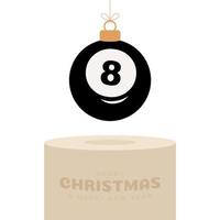 biljard julgranskula piedestal. god jul sport gratulationskort. häng på en tråd biljardboll som en julboll på gyllene podium på vit bakgrund. sport vektor illustration.