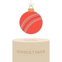 Cricket Christbaumkugel Sockel. frohe weihnachten sportgrußkarte. Hängen Sie an einem Faden-Cricket-Ball als Weihnachtsball auf goldenem Podium auf schwarzem Hintergrund. Sport-Vektor-Illustration. vektor