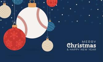 Baseball-Weihnachtsgrußkarte. Frohe Weihnachten und ein glückliches neues Jahr flaches Cartoon-Sport-Banner. Baseballball als Weihnachtsball im Hintergrund. Vektor-Illustration. vektor