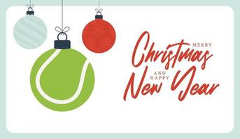 Tennis-Weihnachtsgrußkarte. Frohe Weihnachten und ein glückliches neues Jahr flaches Cartoon-Sport-Banner. Tennisball als Weihnachtsball im Hintergrund. Vektor-Illustration. vektor