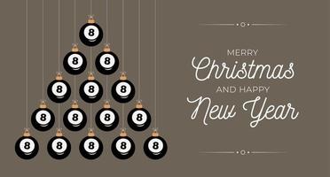 billard weihnachten und neujahr grußkarte kugelbaum. Kreativer Weihnachtsbaum von Billardkugel auf schwarzem Hintergrund für Weihnachten und Neujahrsfeier. Sportgrußkarte