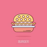 burger tecken ikon i komisk stil. hamburgare vektor tecknad serie illustration på vit isolerat bakgrund. ostburgare företag begrepp stänk effekt.