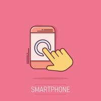 Hand berühren Smartphone Symbol im Comic Stil. Telefon Finger Vektor Karikatur Illustration auf isoliert Hintergrund. Mauszeiger Berührungssensitiver Bildschirm Geschäft Konzept Spritzen Wirkung.
