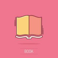 öppen bok ikon i komisk stil. litteratur vektor tecknad serie illustration på isolerat bakgrund. bibliotek företag begrepp stänk effekt.