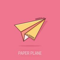Papier Flugzeug Symbol im Comic Stil. Flugzeug Vektor Karikatur Illustration auf isoliert Hintergrund. Luft Flug Geschäft Konzept Spritzen Wirkung.
