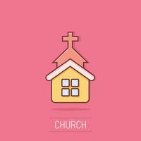 Kirche Symbol im Comic Stil. Kapelle Vektor Karikatur Illustration auf isoliert Hintergrund. religiös Gebäude Geschäft Konzept Spritzen Wirkung.