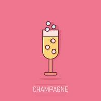 champagne glas ikon i komisk stil. alkohol dryck vektor tecknad serie illustration på isolerat bakgrund. cocktail stänk effekt företag begrepp.