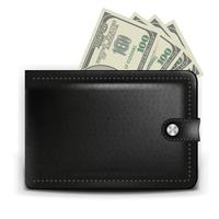 En realistisk svart handväska med betalkort och mynt vektor