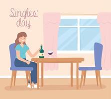 singeldag, kvinna som dricker vin vektor