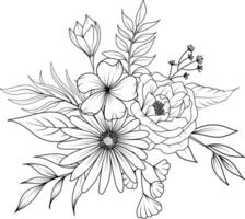 linje konst vild blomma krans vektor illustration. blomma bukett skiss