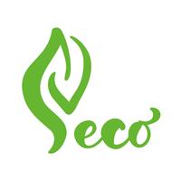 Logo av grönt blad av te med ord eco. Ekologi naturelement vektor ikon. Eco veganisk bio kalligrafi handritad illustration