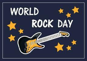 Vektor Illustration, Banner, Urlaub dunkel Blau Hintergrund mit Sterne - - Welt Felsen Tag, Text und elektrisch Gitarre.