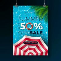 Sommer- Verkauf Poster Design Vorlage mit schweben, Sonnenschirm und tropisch Palme Blätter auf Blau Schwimmbad Hintergrund. exotisch Blumen- Vektor Illustration mit Besondere Angebot Typografie zum Coupon, Gutschein, Banner