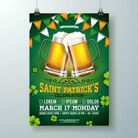 Heilige Patricks Tag Party Flyer Illustration mit Bier, Flagge und Kleeblatt auf Grün Hintergrund. Vektor irisch Glücklich Urlaub Design zum Feier Poster, Banner oder Einladung