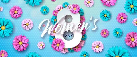 Lycklig kvinnors dag blommig illustration. 8 Mars internationell kvinnor dag vektor design med färgrik vår blomma på blå bakgrund. kvinna eller mor dag tema mall för flygblad