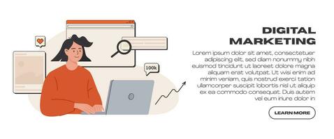 digital innehåll, uppkopplad företag, internet marknadsföring, kommunikation webb baner landning sida mall. smm strategi. reklam kampanj. innehåll chef arbetssätt på bärbar dator. vektor platt illustration.