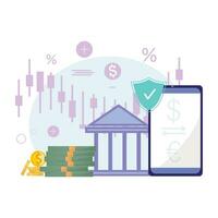 valuta utbyta och forex handel avbildad i detta illustration. diagram, en Bank byggnad, en säkra mobil app, och en skydda symbolisera de dynamik av säkra pengar överföra vektor