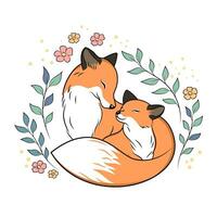 Mutter Fuchs umarmen ein Baby Fuchs mit ihr Schwanz. Mutter Tag Karte. süß Vektor Zeichnung mit Tier Figuren.