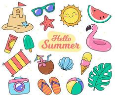 sommar, semester, Semester, strand objekt och Tillbehör. uppsättning av vektor tecknad serie ritningar, illustrationer