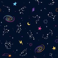 zodiaken konstellation sömlös mönster, Plats bakgrund. tecknad serie, komisk klotter illustration med stjärnor, planeter, galaxer. vektor