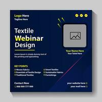 Leben Webinar auf Textil- beendet Textil- webinr Konferenz Beförderung Poster Einladung und Sozial Medien Post online Konzept Design Vorlage. vektor