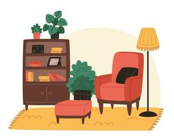 gemütlich Leben Zimmer mit Sessel, Bücherregal und eingetopft Pflanzen im eben Stil vektor