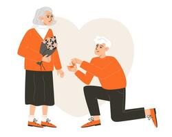 en äldre man får ner på ett knä och äktenskap förslag till en kvinna vektor