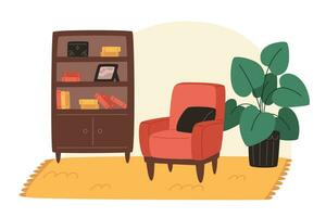 gemütlich Leben Zimmer mit Sessel, Bücherregal und eingetopft Pflanzen im eben Stil vektor
