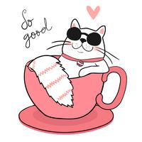 süße weiße dicke Katze mit Sonnenbrille in einer Kaffeetasse schlafen, zeichnen vektor