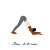 kvinna håller på med utökad valp utgör uttana shishosana utgör, yoga kvinna. vektor