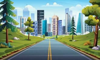 väg till stad landskap illustration. natur motorväg genom äng och träd till stad tecknad serie vektor bakgrund