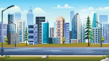 tömma motorväg med parkera och skyskrapa byggnader. urban stad landskap bakgrund vektor illustration