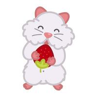 Weiß Hamster mit Erdbeere süß Karikatur Gekritzel Illustration. glücklich Haustier. vektor