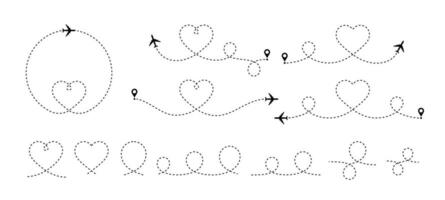 Herz Flugzeug. Flugzeug mit gestrichelt Linie im Herz Form, Reise Liebe Valentinstag Tag romantisch Konzept. Flitterwochen Reise, Flugzeug Ausflug Vektor Schlaganfall editierbar einstellen