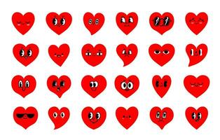 tecknad serie hjärta ansikte. söt komisk röd hjärtan karaktär, annorlunda kärlek ansikten uttryck. rolig valentine romantisk symbol, hand dragen känsla klistermärken. vektor uppsättning