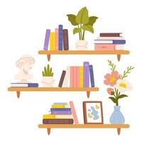 Bücherregal. Bücherregal mit Bücher Zimmerpflanzen, Bild und Statuette. Bücherregale mit Kinder Literatur, Fee Erzählungen, Enzyklopädie. Karikatur lesen und Bildung Vektor Konzept