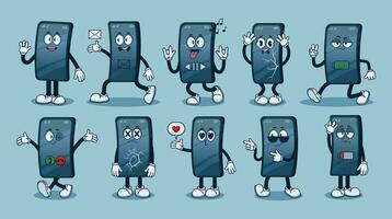 smartphone karaktär. tecknad serie maskot telefon. mobil skärm ansikte känslor. komisk mobil telefon poser med hand och ben, rolig vistas grej, enhet sändning e-post, vektor uppsättning