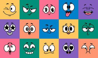 Karikatur Gesicht Ausdruck. Emotion Comic Gesicht Charakter auf Farben. komisch Avatare mit Augen und Mund. Karikatur Gesichts- lachen, Kuss, Liebe Stimmung. Vektor Illustration