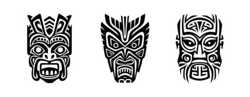 stam- mask. tiki totem, voodoo afrikansk stam- Gud. tahiti traditionell idol, hawaiian inhemsk polynesisk årgång tatuering ritual ansikte svart vektor uppsättning