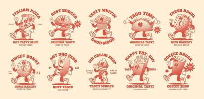 tecknad serie maskot snabb mat. komisk 70s maskot kontur karaktär. häftig logotyp pommes frites, hamburgare, munk, kaffe och gående tacos. retro roligt måltid med ansikte, händer och ben vektor uppsättning