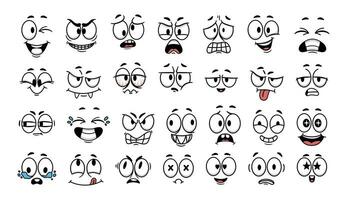 tecknad serie ansikte uttryck. emotionell komisk ansikte med ögon, munnar, tunga och tänder. begrepp karikatyr känsla. Lycklig, ledsen och arg tecken känslor. vektor uppsättning