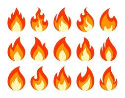 brand emoji. lägereld brinnande flamma, tecknad serie varm röd bål, eldkula abstrakt Häftigt grymt bra symbol. isolerat löpeld vektor ikoner uppsättning